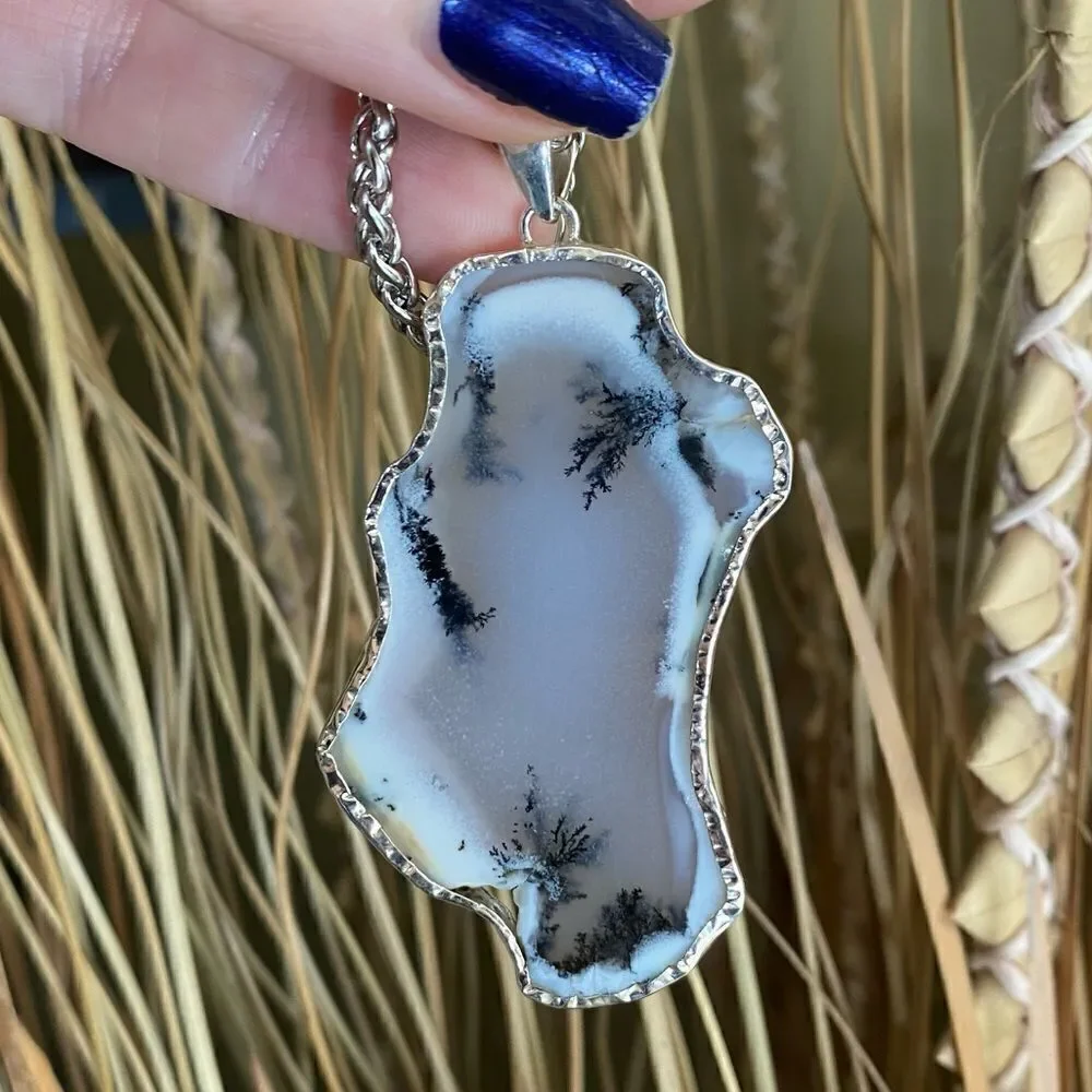 Large Merlinite Dendritic Opal Slice Sterling Silver Pendant Necklace